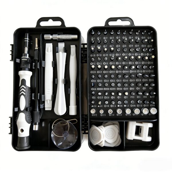 Surubelnite pentru Reparea Telefoanelor, Flippy, Set 115-in-1 Cromate, Demontarea Repararea Ceasurilor, Electronicelor Mici, Maner detalii Albe, 18 x 11 x 6 cm, Negru