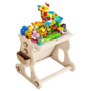 Masa Educativa pentru Copii, Flippy, Multifunctionala, cu Scaun, Compatibila cu Piese tip LEGO Duplo, 178 piese, Spatiu Depozitare, 3 + ani, Bej