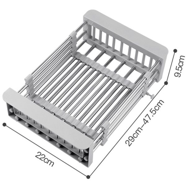 Suport Scurgere Extensibil pentru Bucatarie, Flippy, Uscator Vase din Otel Inoxidabil, Suport Tacamuri si Pahare, Suport pentru Fructe si Legume, 29 x 22 x 9.5 cm Gri