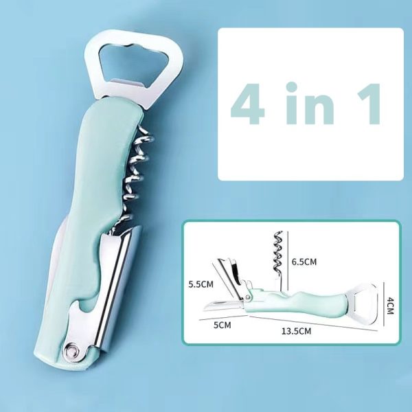 Tirbuson de Sticle 4 in 1, Flippy, Desfacator de Sticle Multifunctional, din Inox cu Maner Anti Alunecare, 13.5 x 4 cm Verde