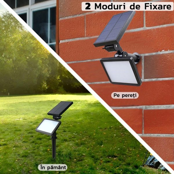 Lampa solara pentru terasa/gradina 48 de LED-uri Flippy, cu 2 moduri de fixare, senzor de lumina, IP44, material ABS, 5W, 80 lm, 26.5 cm x 14 cm, Alb Rece
