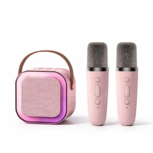 Boxa Portabila Karaoke  Bluetooth 5.3 5-10W Set 2 Microfoane Wireless LED RGB 4 Efecte Vocale Type-C 14 x 11 cm Roz