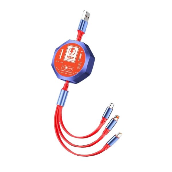 Cablu Retractabil 3in 1 pentru Telefon  Cablu de incarcare rapida 100W stil Mecha potrivit pentru Auto Universal 1.2M Rosu Albastru