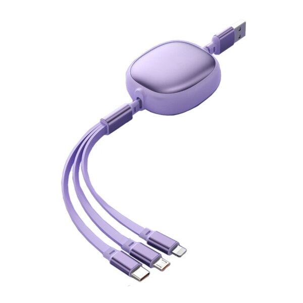 Cablu Retractabil Universal pentru Telefon  Universal 3in1 pentru Orice Tip de Telefon Micro-USB Lightning TYPE-C 1.2M Mov