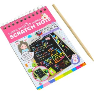 Caiet cu fise razuibile  DIY Magic Scratch 12 File Curcubeu Creion din Lemn Cartonase negre 14.2 x 9.8 cm Roz deschis