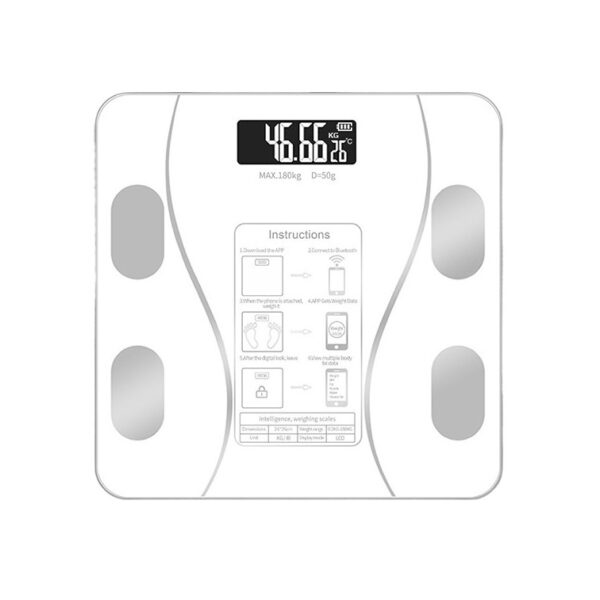 Cantar Electronic Inteligent De Baie  Cu Aplicatie Smart Corporal Ecran Digital Iluminat Termometru Suporta Maxim 180 Kg 26 x 26 cm Baterii Alb