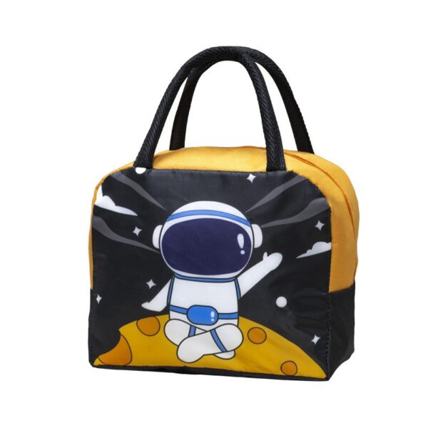 Geanta Termoizolanta pentru Copii  23x13x19 cm Model Imprimeu Astronaut din Folie de Aluminiu si Panza Oxford Negru/Portocaliu