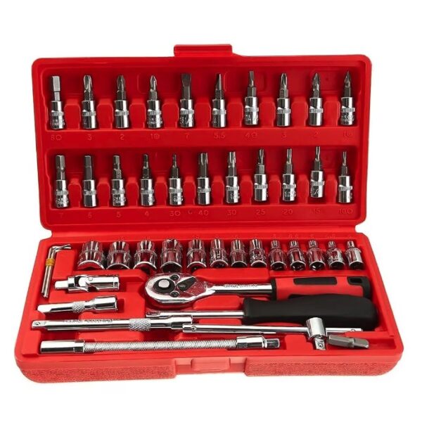 Chei tubulare Set 46 de Piese  Trusa Scule de Reparatii Auto Prelungitoare Rigid si Flexibil Articulatie Cardanica Antrenor de Forta Glisant Adaptoare Maner pentru Surubelnita 23 x 12 x 4 cm 1.9 kg Cutie Rosie