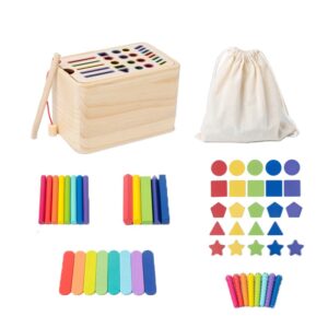 Jucarie Educativa Montessori  din Lemn Cutie Sortare Forme Culori si Betisoare Joc de Insirare 56 piese Dezvoltare Motricitate Fina Copii 3+ ani Multicolor