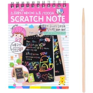 Caiet cu fise razuibile  DIY Magic Scratch 12 File Curcubeu Creion din Lemn Cartonase negre 14.5 x 10 cm roz