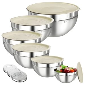 Set 6 Boluri pentru Mixare si Depozitare  Inox Premium Capace Ermetice 3 Accesorii Razuire si Feliere Interior Gradat Design Nestable Argintiu