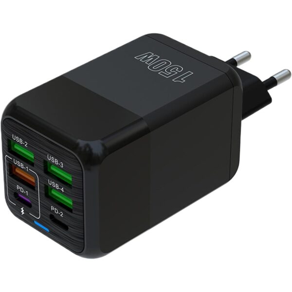 Incarcator Multifunctional   6 Porturi (2 x PD Type C + 4 USB) 150 W 5V 2.4A Incarcare Rapida 4.4 x 4.4 x 11 cm Negru