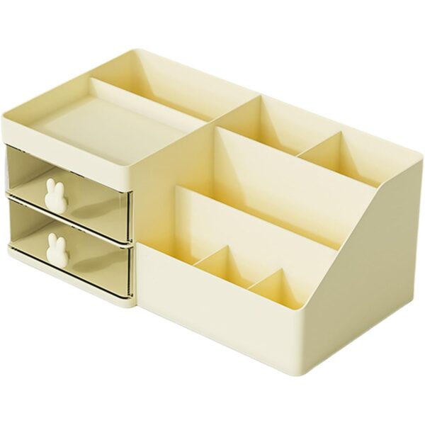 Cutie de Depozitare pentru Birou  Pentru Makeup Papetarie Organizator Cosmetice 2 Sertare si Compartimente Multiple Model Iepuras Plastic 27.5x15.5x12 cm Crem