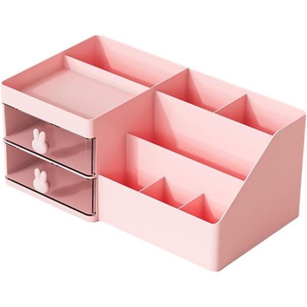 Cutie de Depozitare pentru Birou  Pentru Makeup Papetarie Organizator Cosmetice 2 Sertare si Compartimente Multiple Model Iepuras Plastic 27.5x15.5x12 cm Roz