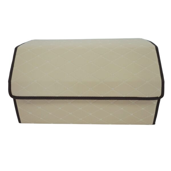 Cutie de Depozitare Auto  Organizator Premium Portbagaj 2 Compartimente Depozitare Geanta Multifunctionala  din Piele Ecologica Pliabil  si Rezistent la Uzura Bej Deschis 55 x 30 x 30cm