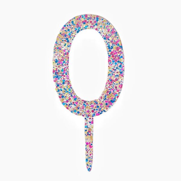 Decoratiune Topper pentru Tort  din Acrilic cu Fulgi de Sclipici Model Cifra 0 Inaltime 18.5 cm Transparent Multicolor