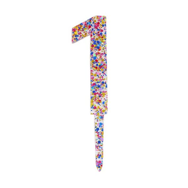 Decoratiune Topper pentru Tort  din Acrilic cu Fulgi de Sclipici Model Cifra 1 Inaltime 18.5 cm Transparent Multicolor 