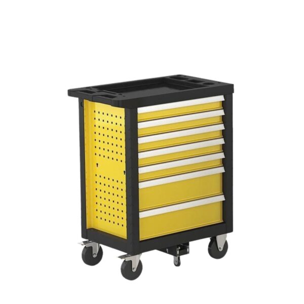 Dulap Mobil Pentru Scule  Carucior Atelier Profesional 7 Sertare Panou Perforat Lateral Blat Superior Tip Tava Pe Roti cu Frana Galben/Negru