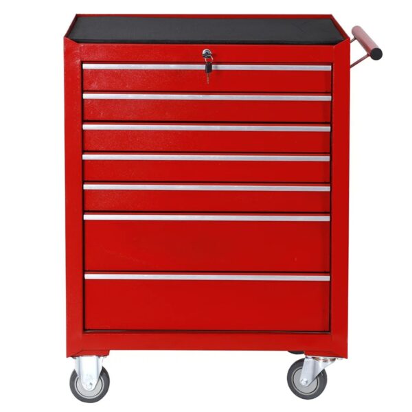 Dulap Mobil pentru Scule  Carucior Profesional cu 7 Sertare Incuietoare si Roti cu Frana Blat de Lucru Anti-alunecare 91 x 68 x 46 cm Rosu/Negru