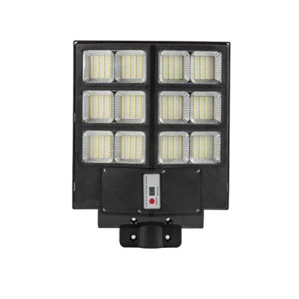 Lampa solara stradala  cu telecomanda senzor de miscare si lumina suport prindere 480 LED-uri IP65 ABS 15AH 300W temperatura culoare 6500K 44.6x34.8x7.2 cm autonomie 10-12 ore negru