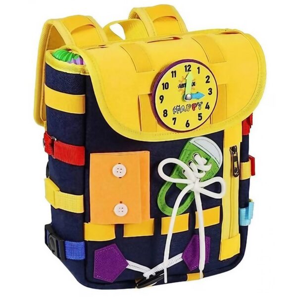 Ghiozdan Montessori  pentru Copii 2-6 ani Fidget Pop cu Catarame si Fermoare Jucarii Senzoriale Activitate de Invatare prin Joc Albastru Marin 0.25 kg 28x10x23 cm