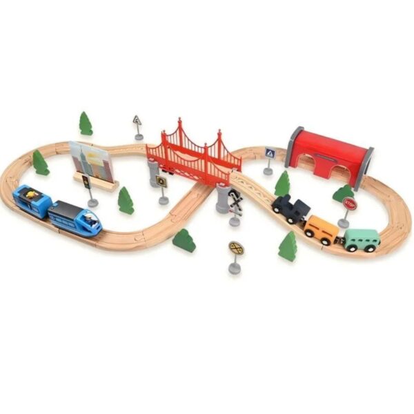 Set Trenulet Electric din Lemn  52 Piese Jucarie Educativa Montessori Tunel High-Speed Journey Tren de Viteza si Tren Marfa 3 ani+ Multicolora