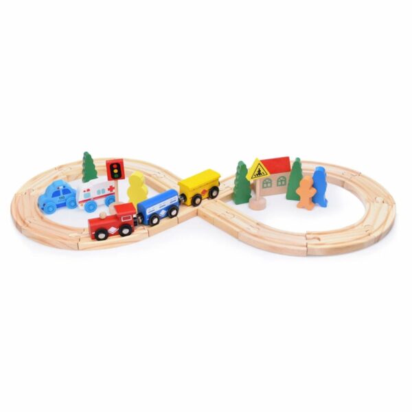 Set Circuit Trenulet din Lemn  33 Piese Trenulet Magnetic Jucarie Educativa Montessori Masini de Interventie si Accesorii Urbane 3 ani+ Multicolor