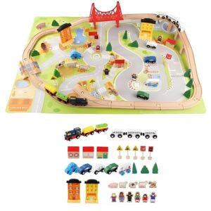 Set Circuit Trenulet din Lemn  75 Piese Locomotiva Electrica Covoras de Joaca Inclus Jucarie Educativa Montessori Figurine Animale si Personaje 3 ani+ Multicolor