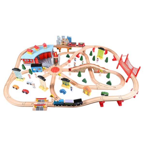 Mega Set Circuit Trenulet din Lemn  118 Piese Locomotiva Electrica Jucarie Educativa Montessori Depou Central cu Placa Turnanta Pod Suspendat Macarale si Accesorii Oras 3 ani+ Multicolor