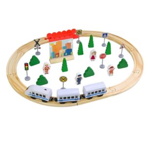 Set Circuit Trenulet din Lemn  Locomotiva Electrica cu Sine de Lemn 35 Piese Jucarie Educativa Montessori Accesorii Oras si Figurine Personaje 3 ani+ Multicolor