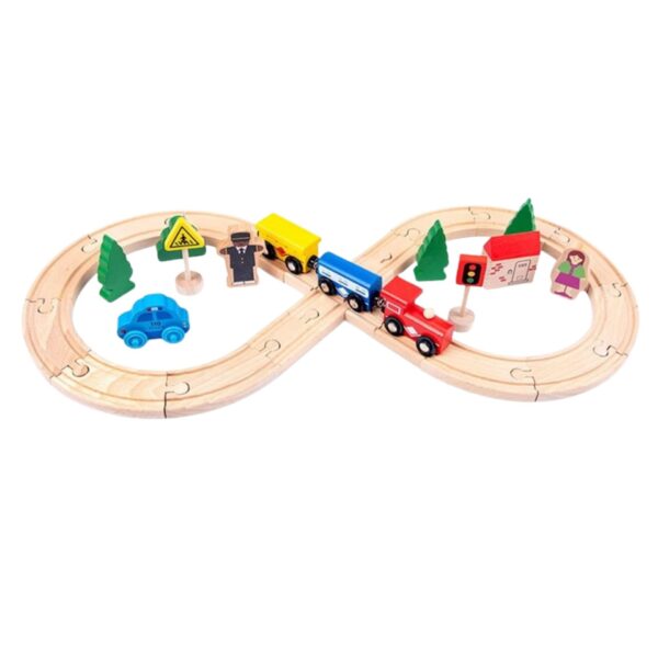 Set Circuit Trenulet din Lemn  32 Piese Traseu in Forma de Infinit Trenulet si Vagoane Magnetice Masina de Politie si Accesorii Oras Joc Educativ Montessori 3 ani+ Multicolor