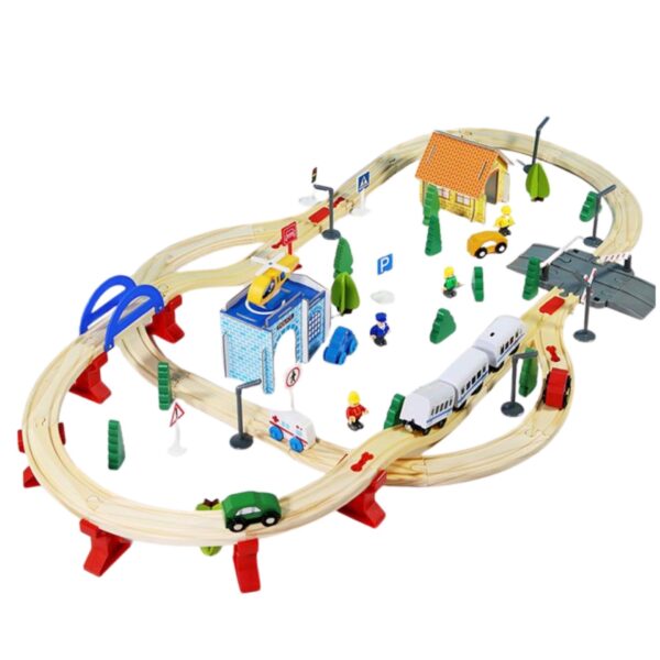 Mega Set Circuit Trenulet din Lemn  Locomotiva Electrica cu Sine de Lemn 96 Piese Jucarie Educativa Montessori Circuit Feroviar cu Pod Sectie de Politie si Helicopter 3 ani+ Multicolor