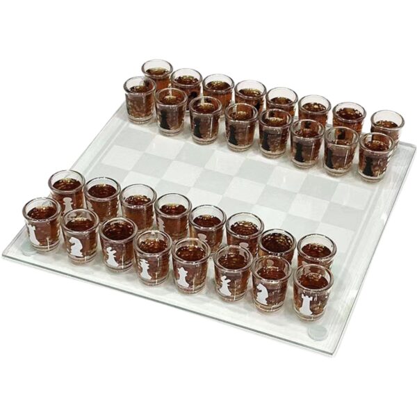 Joc de sah  din sticla cu pahare pentru shoturi 35x35 cm transparent