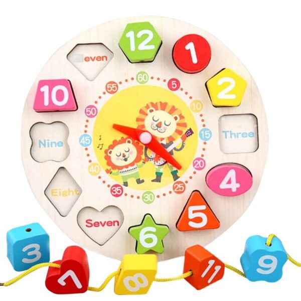 Jucarie Educativa  Tip Montessori Model Ceas Leu din Lemn + 36 Luni 12 Piese 17 cm Multicolor