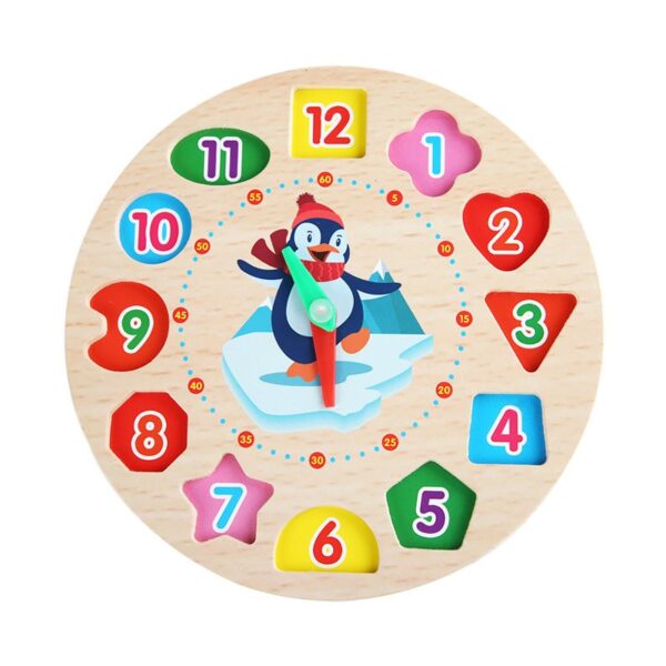 Jucarie Educativa  Tip Montessori Model Ceas Pinguin din Lemn + 36 Luni 12 Piese 17.2 cm Multicolor