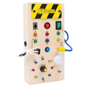 Jucarie Educativa Montessori pentru Copii  Model Busy Board Tableta din Lemn cu Circuit Luminos 36 Comutatoare Lumini LED 195 x 97 x 3