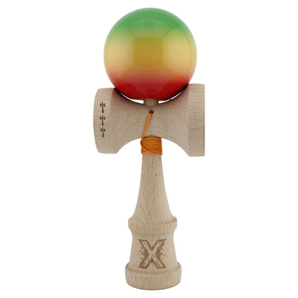 Kendama X Originala Profesionala  Big Cups V2 Super Sticky Cupe Mari Rulment Metalic cu Ata 55 cm Verde/Galben/Rosu