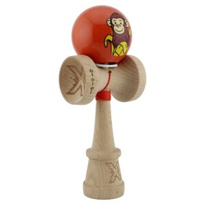 Kendama X Originala Profesionala  Brown Monkey Super Sticky cu Cupe Mari King Size V3 Rulment Metalic si Gaura in Baza din Lemn 18 cm Ata 62/65 cm Rosu