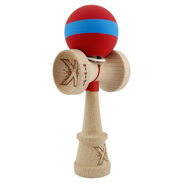 Kendama X Originala Profesionala  Cupe Mari KING SIZE V3 Rubber Grip Gaura in Baza Rulment Metalic din lemn 18 cm Ata 62/65 cm M Bicolor Rosu/Albastru