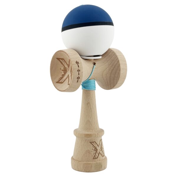 Kendama X Originala Profesionala  Cupe Mari KING SIZE V3 Rubber Grip Gaura in Baza Rulment Metalic din lemn 18 cm Ata 62/65 cm S Bicolor Albastru inchis/Alb