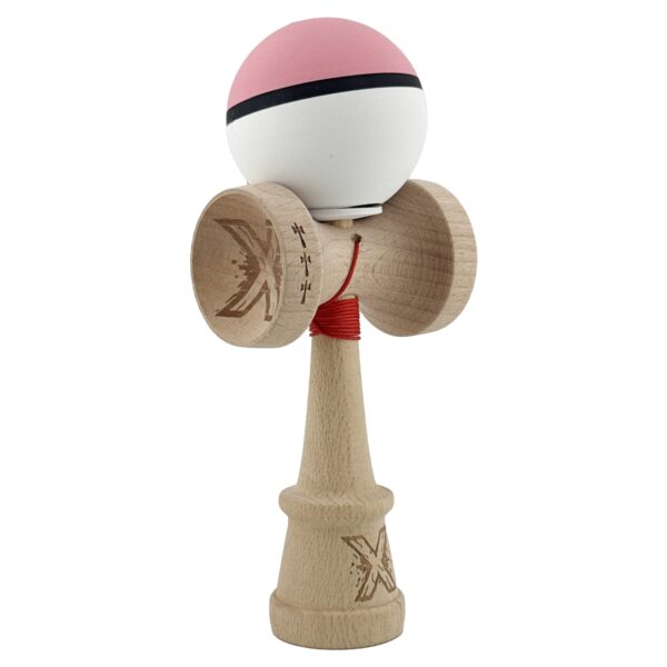 Kendama X Originala Profesionala  Cupe Mari KING SIZE V3 Rubber Grip Gaura in Baza Rulment Metalic din lemn 18 cm Ata 62/65 cm S Bicolor Roz/Alb