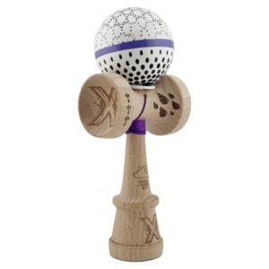 Kendama X Originala Profesionala  RAINDROPS Super Sticky cu Cupe Mari KING SIZE V3 Gaura in Baza Rulment Metalic din lemn 18 cm Ata 62/65 cm Alb/Albastru