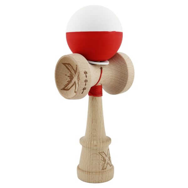 Kendama X Originala Profesionala  Rubber Grip Cupe Mari KING SIZE V3 Gaura in Baza Rulment Metalic din lemn 18 cm Ata 62/65 cm Bicolor Alb/Rosu