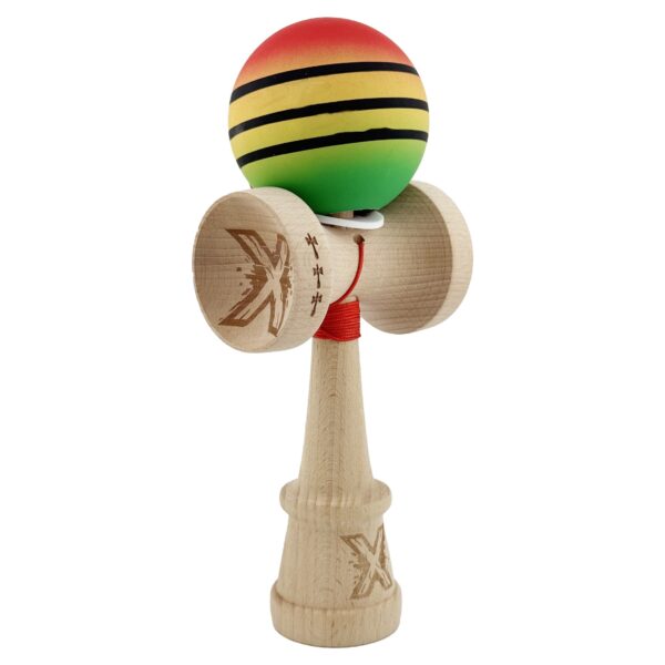 Kendama X Originala Profesionala  Rubber Grip Cupe Mari KING SIZE V3 Gaura in Baza Rulment Metalic din lemn 18 cm Ata 62/65 cm Special Rosu/Galben/Verde
