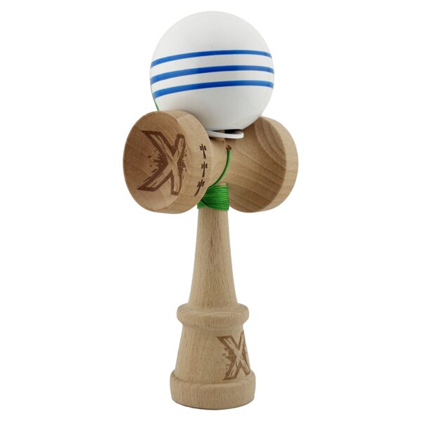 Kendama X Originala Profesionala  Super Sticky cu Cupe Mari KING SIZE V3 Gaura in Baza Rulment Metalic din lemn 18 cm Ata 62/65 cm Special Alb/Albastru