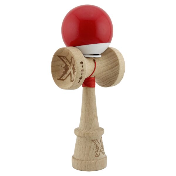 Kendama X Originala Profesionala  Super Sticky cu Cupe Mari KING SIZE V3 Gaura in Baza Rulment Metalic din lemn 18 cm Ata 62/65 cm Bicolor Rosu/Alb