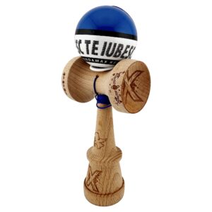 Kendama X TE IUBESC Originala Profesionala  Super Sticky cu Cupe Mari KING SIZE V3 Gaura in Baza Rulment Metalic din lemn 18 cm Ata 62/65 cm Albastru/Alb