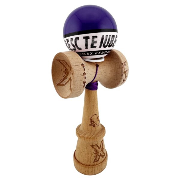 Kendama X TE IUBESC Originala Profesionala  Super Sticky cu Cupe Mari KING SIZE V3 Gaura in Baza Rulment Metalic din lemn 18 cm Ata 62/65 cm Violet/Alb