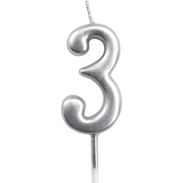 Lumanare de Tort  Model Cifra 3 Party 4.5 x 2.5 cm din Parafina Argintiu