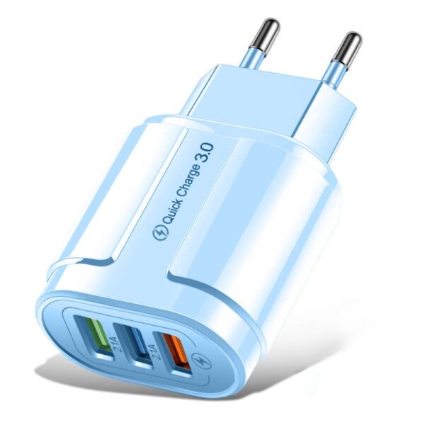 Incarcator Rapid QC3.0  3 Porturi USB 2.1A 18W din ABS Protectie Supraincalzire Gama Macarons Albastru